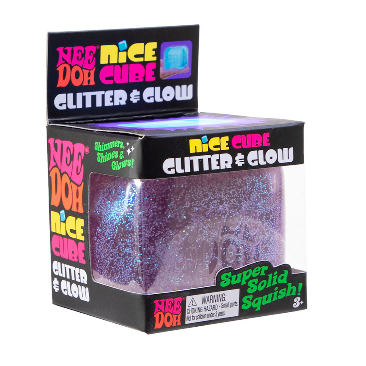 Packaging for a purple Nee Doh Nice Cube labeled "Glitter & Glow," featuring sparkles and text, "Super Solid Squish!" The box design is colorful and playful.