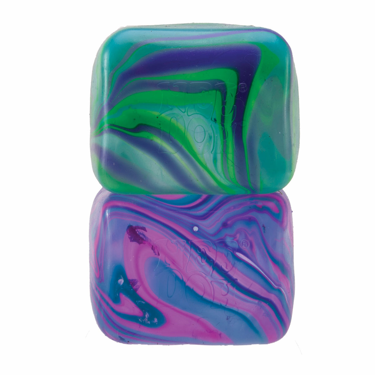 Two square soaps stacked, featuring swirling patterns. The top soap has green and purple swirls, while the bottom one has blue and pink swirls. Vibrant and artistic.