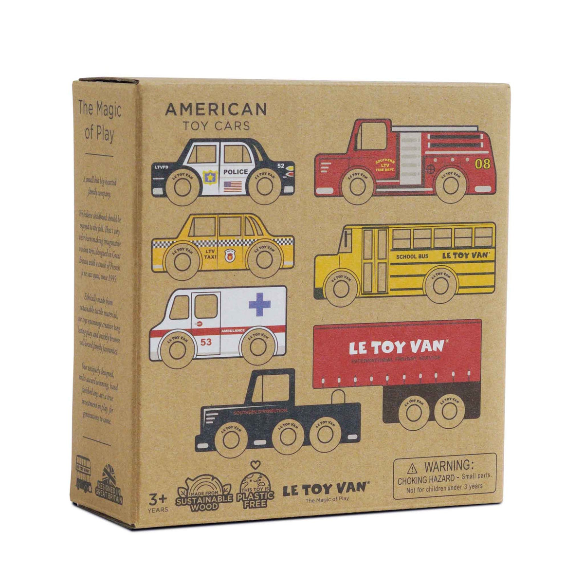 Cardboard box packaging for the Le Toy Van American Toy Cars wooden set.