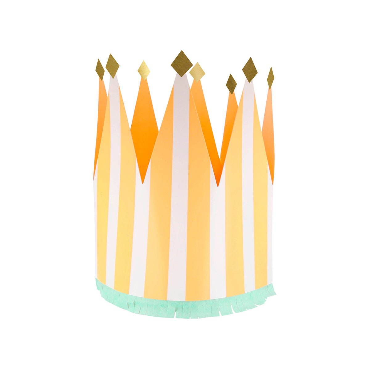 Orange and white striped paper party crown with gold glitter tips and a mint green fringe base on a white background.