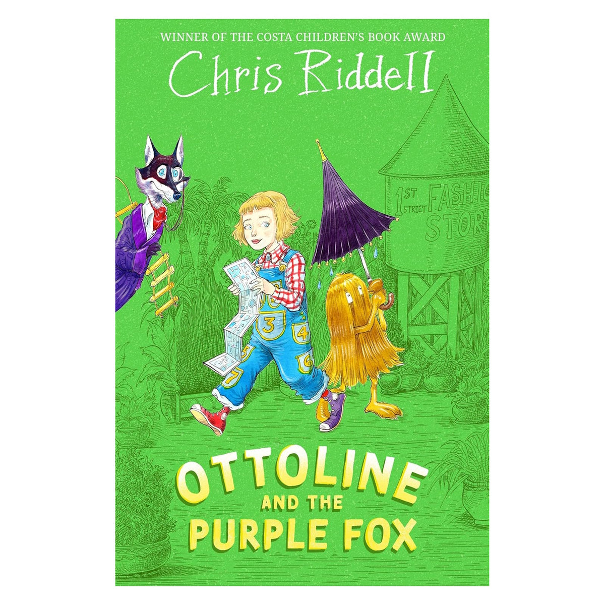 Book cover for Ottoline and the Purple Fox by Chris Riddell featuring a girl, hairy creature, and fox.