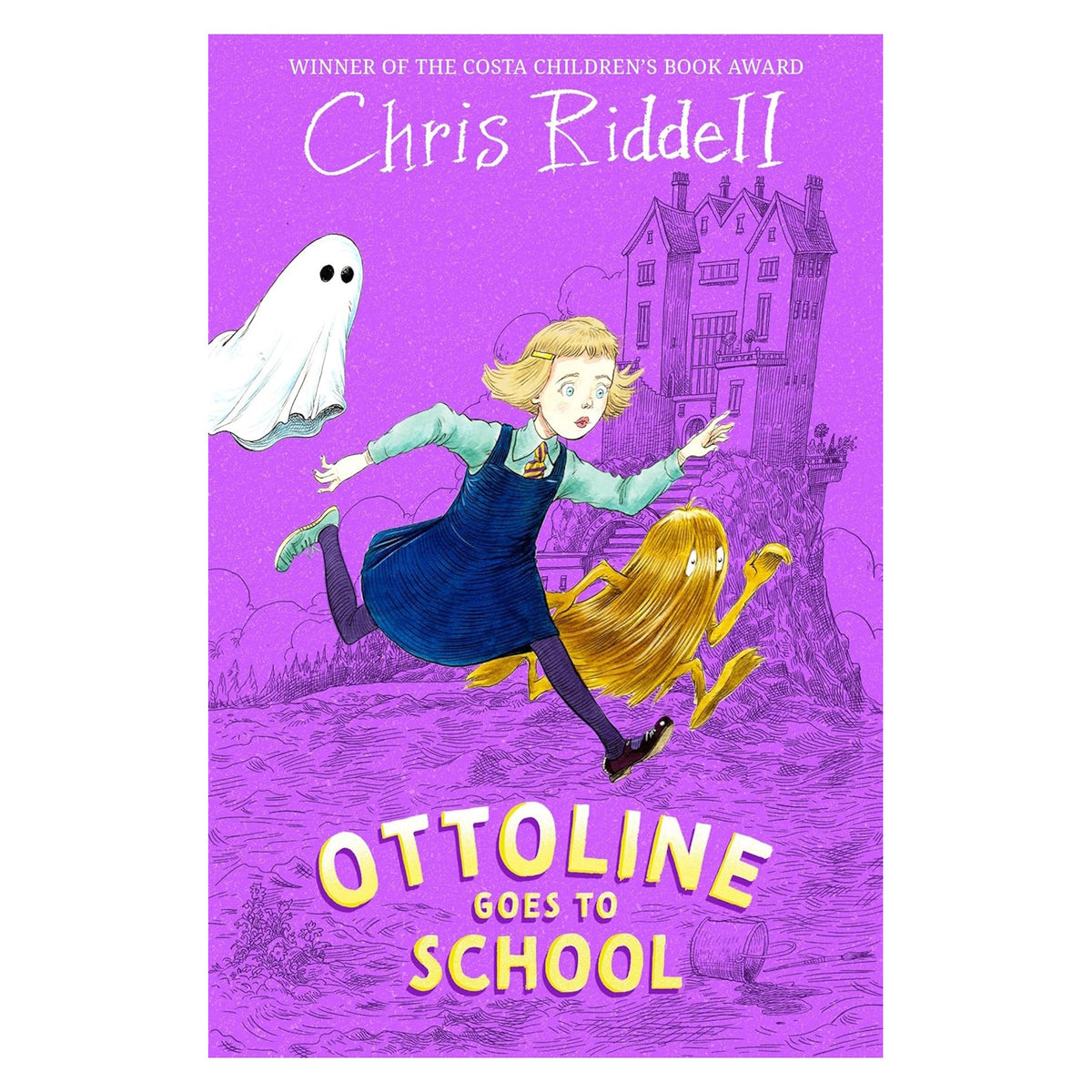 Ottoline Goes to School book cover by Chris Riddell featuring a girl running with a ghost and a hairy creature.