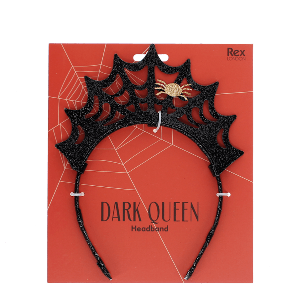 Black glitter spiderweb headband packaged on a red card labeled Dark Queen Headband.