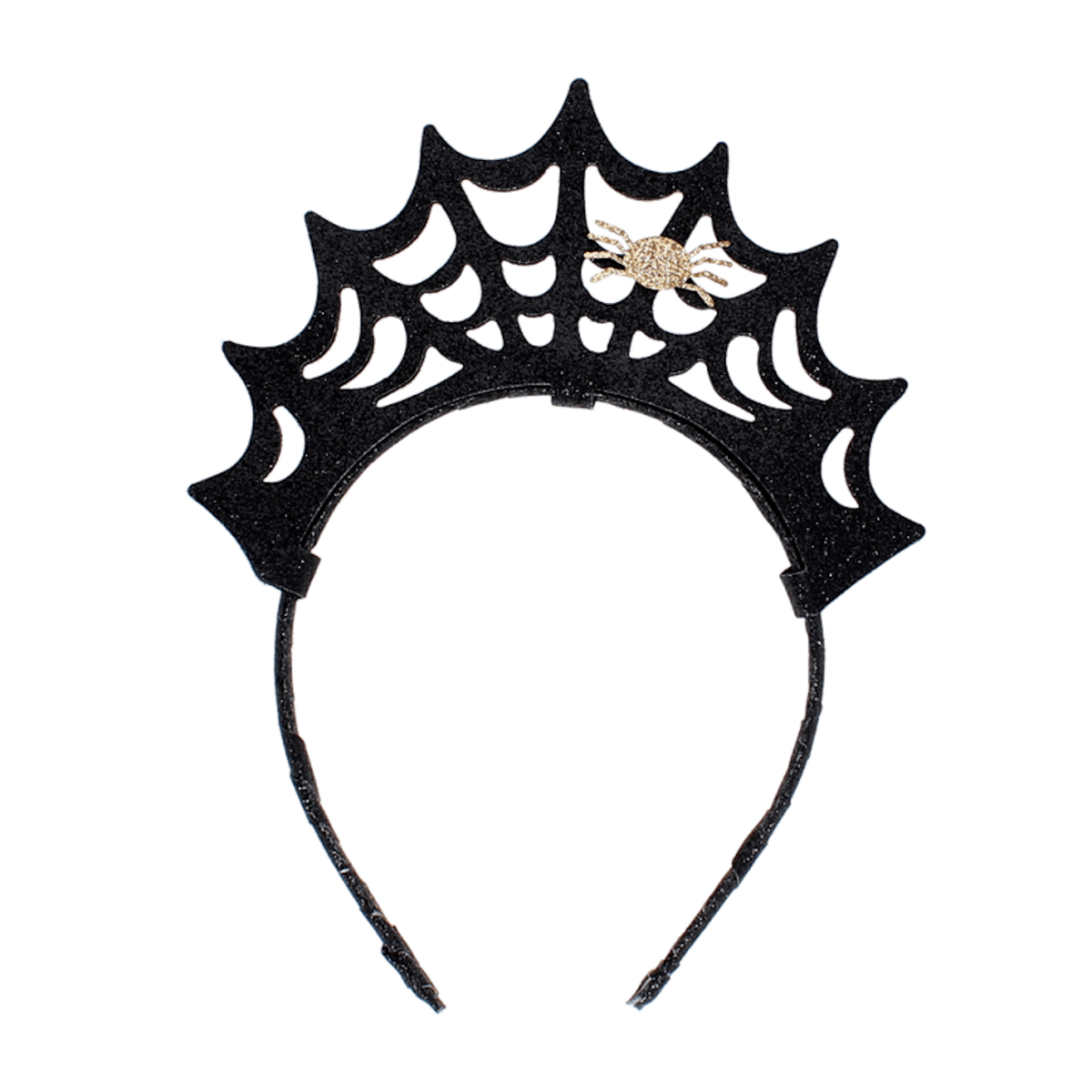 Black glitter headband shaped like a crown web featuring a small gold glitter spider detail.
