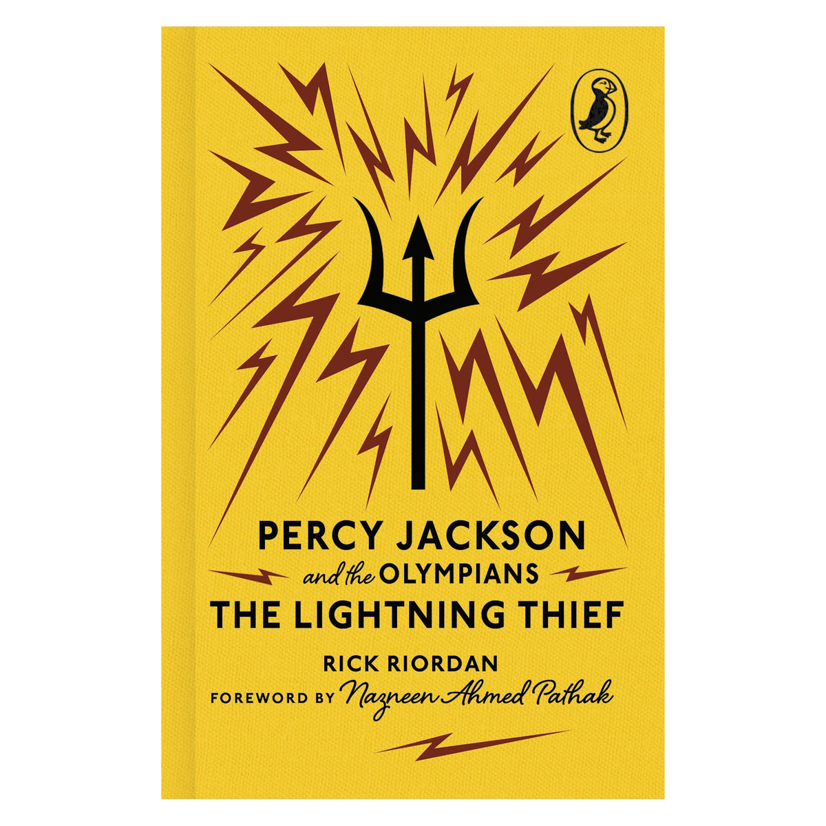 Yellow cover of Percy Jackson: The Lightning Thief by Rick Riordan, featuring a black trident and brown lightning bolts.