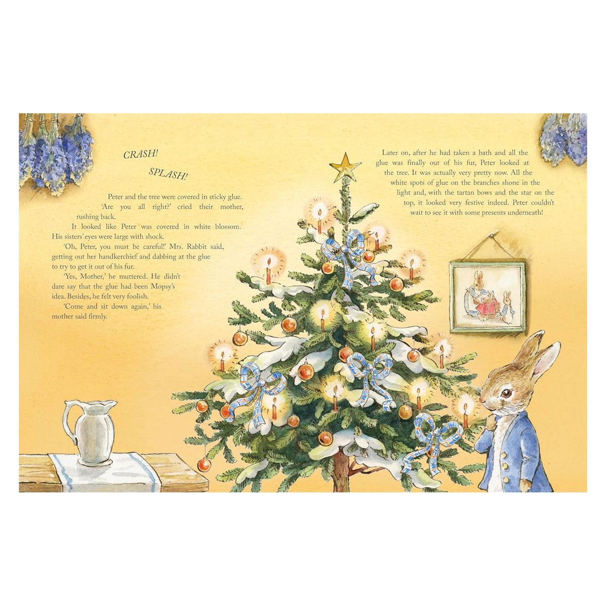 A rabbit in a blue coat stands beside a festive Christmas tree adorned with candles, bows, and ornaments. Cozy, illustrated scene with a warm, nostalgic feel.