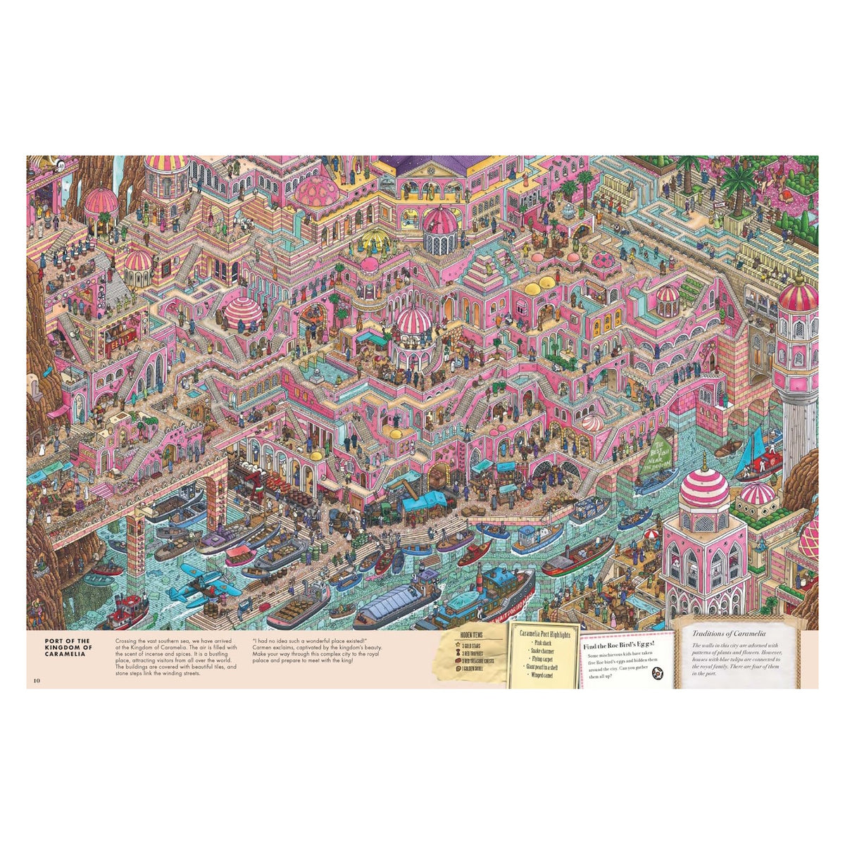 Intricate illustrated cityscape featuring pink, ornate architecture with domes and bridges. Bustling port with boats on a turquoise river evokes a lively, whimsical atmosphere.