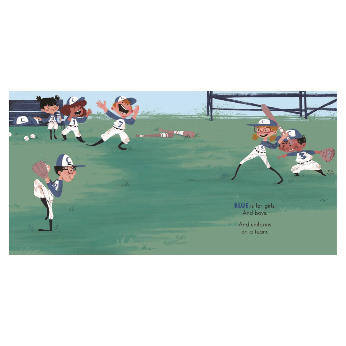 Children's book illustration of diverse boys and girls playing baseball in blue uniforms on a grassy field.