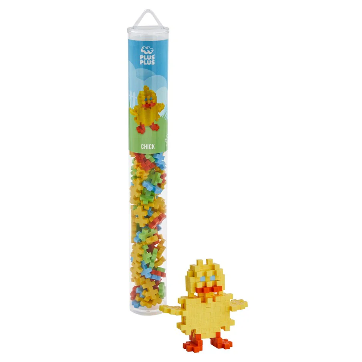 A tube of Plus-Plus building pieces with an assembled yellow chick in front. The tube is colorful and labeled "Chick," conveying creativity and playfulness.