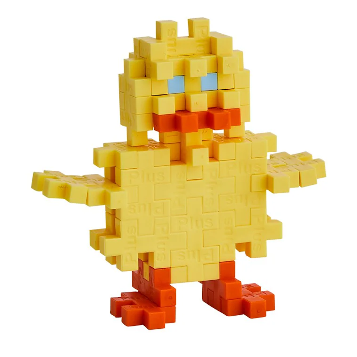 Toy duck made from interlocking blocks, primarily yellow with orange feet and beak. Blue eyes, outstretched wings, conveying playful simplicity.