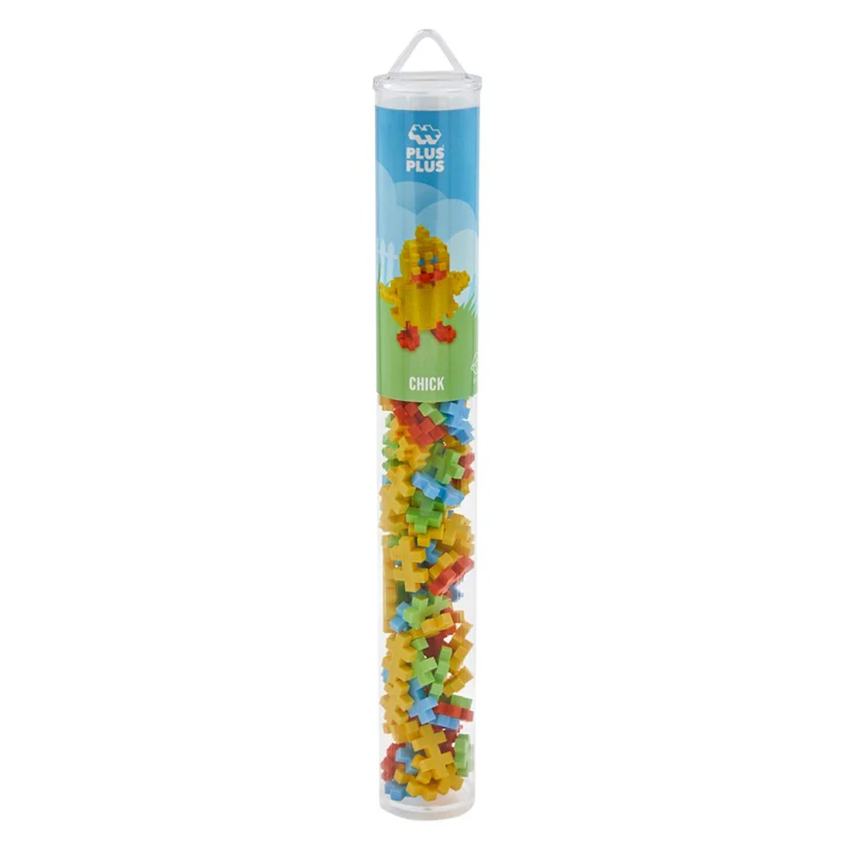A clear cylindrical tube labeled "Plus Plus Chick" containing colorful interlocking building pieces in yellow, red, blue, and green. Playful and inviting.