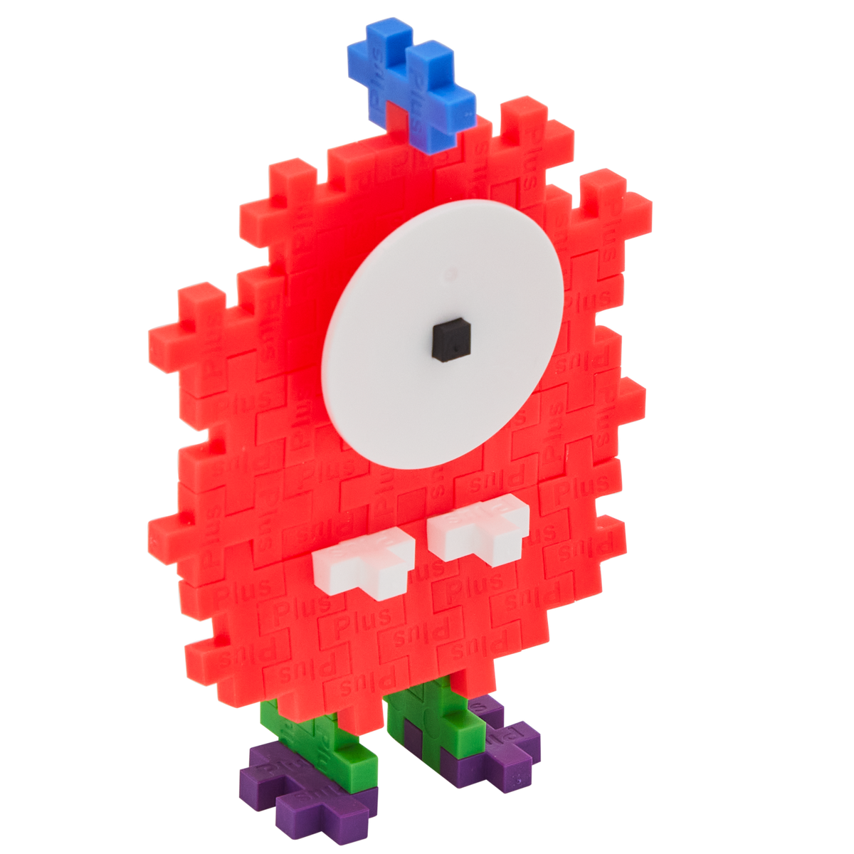 A playful creature made from Plus-Plus building pieces. It has a red pixelated body, large white eye with a black pupil, blue antenna, and green-purple feet.