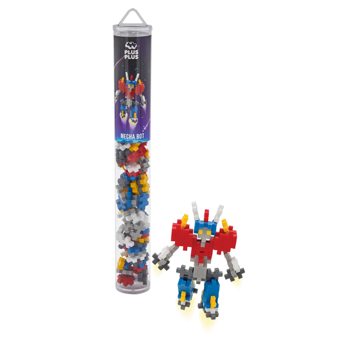 Plus-Plus Mecha Bot 100-piece tube with a built red, blue, and grey robot figure on a white background.