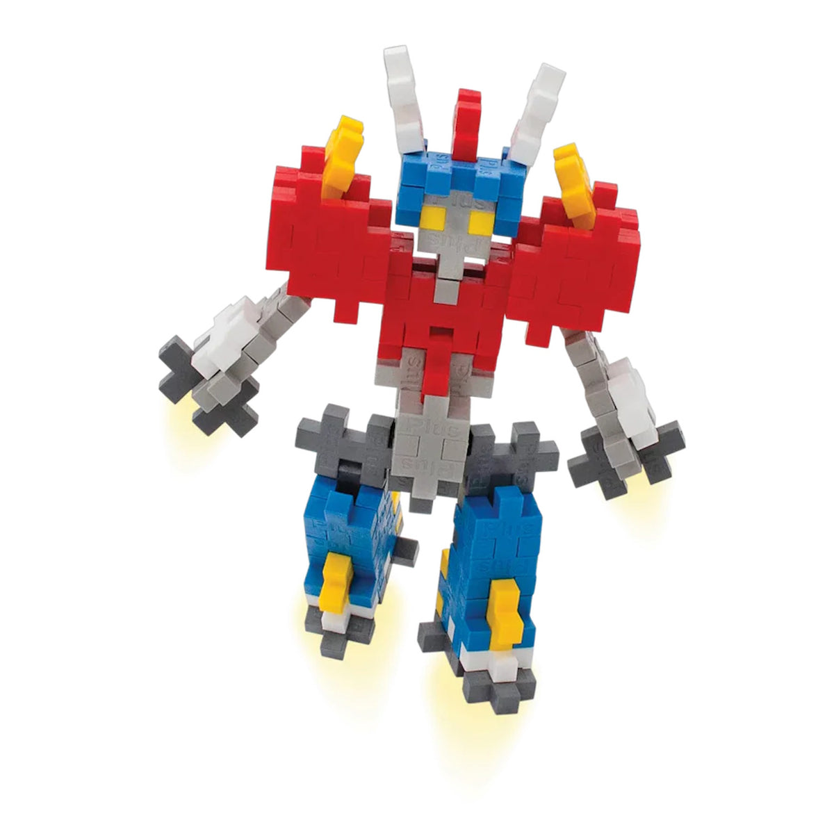 Plus-Plus Mecha Bot building set figure in red, blue, and grey with yellow accents, standing on a white background.