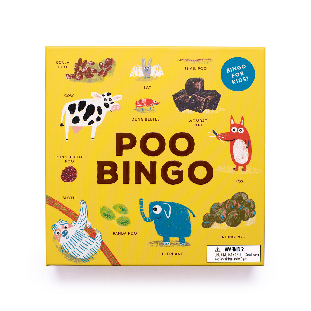 Bright yellow box for "Poo Bingo," featuring playful illustrations of animals and various types of poo. Includes a "Bingo for Kids!" badge. Fun and educational.