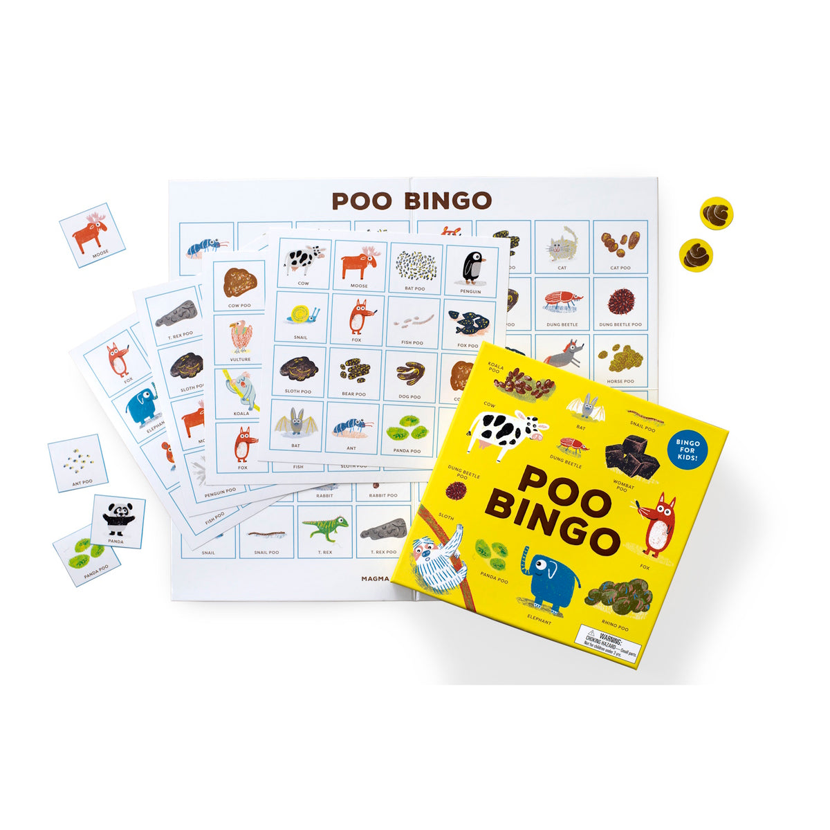 Poo Bingo game set with a yellow box and illustrated cards showing various animal poos. The playful design offers an educational and fun tone.
