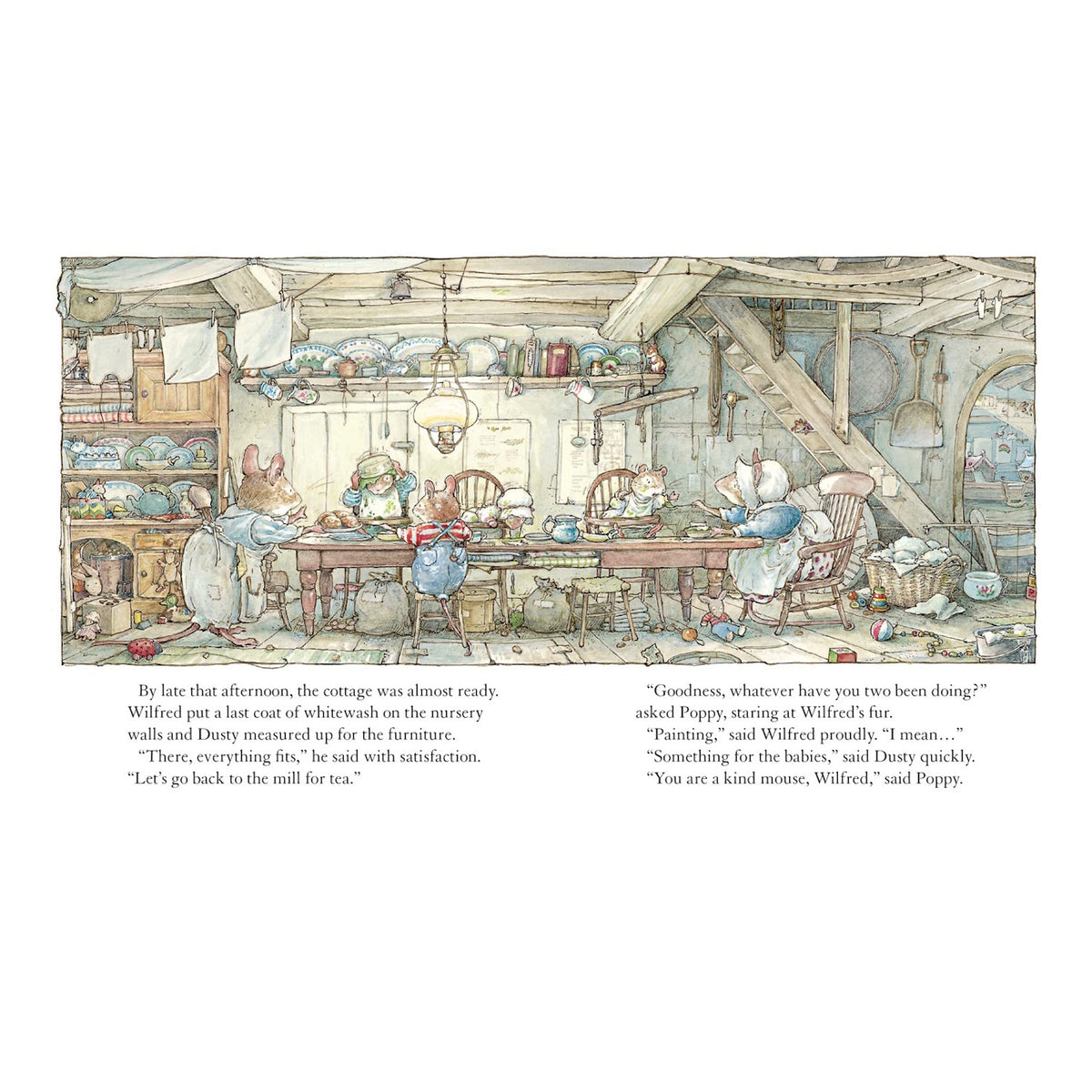 Cozy kitchen scene with anthropomorphic mice preparing furniture. Warm, rustic tones, dishes on shelves, a wooden table, and ladder create a homely atmosphere.