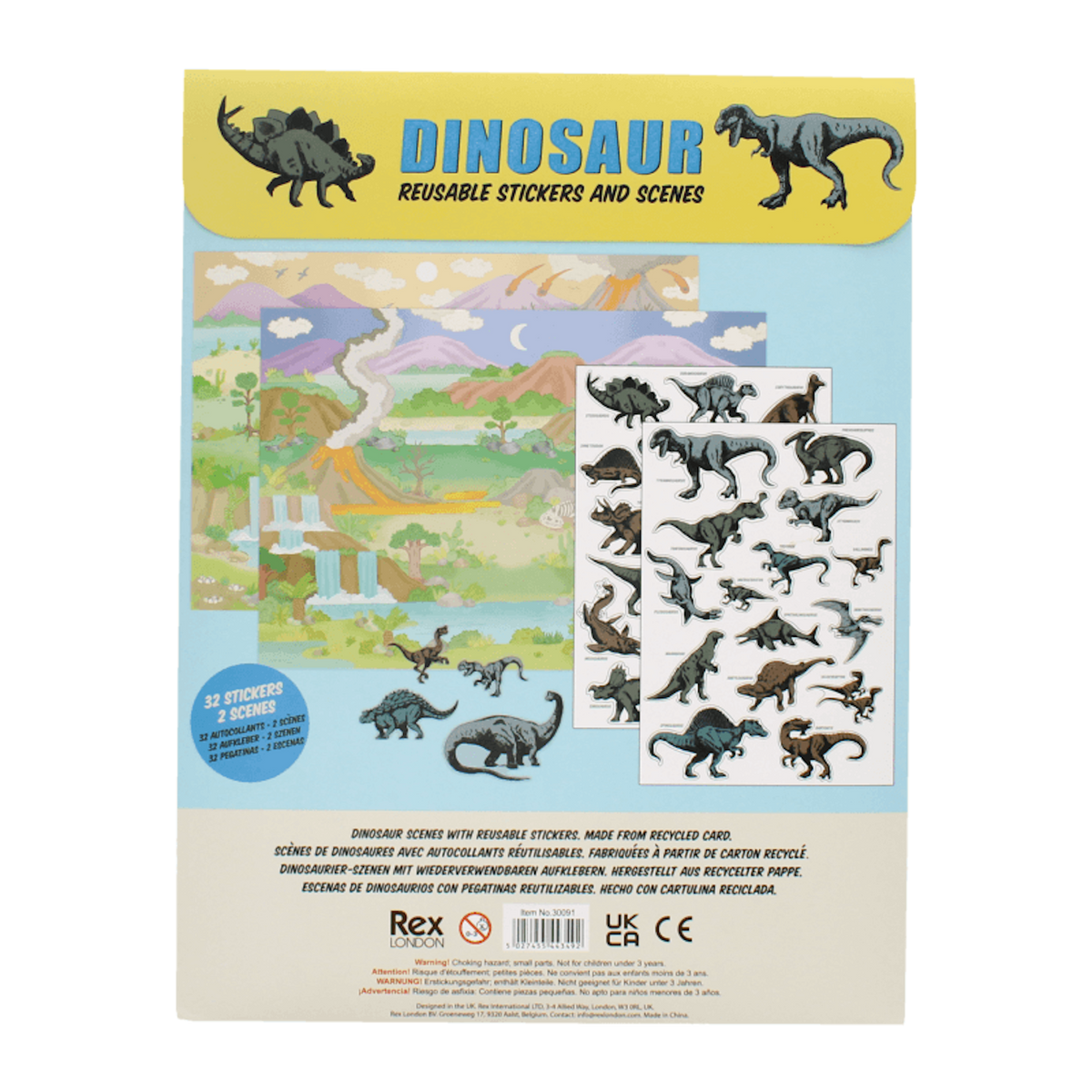 Back packaging for Rex London Dinosaur Reusable Stickers set displaying scenes and contents.
