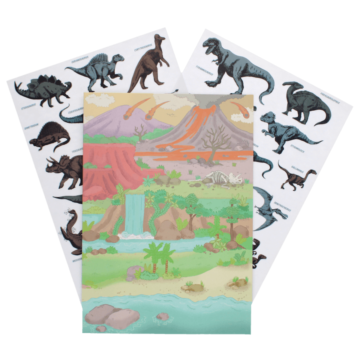 Prehistoric Land reusable sticker set with a volcano landscape scene and dinosaur sheets.