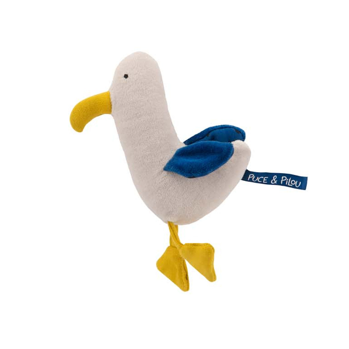 A plush seagull toy with a yellow beak and feet, blue wings, and a white body.