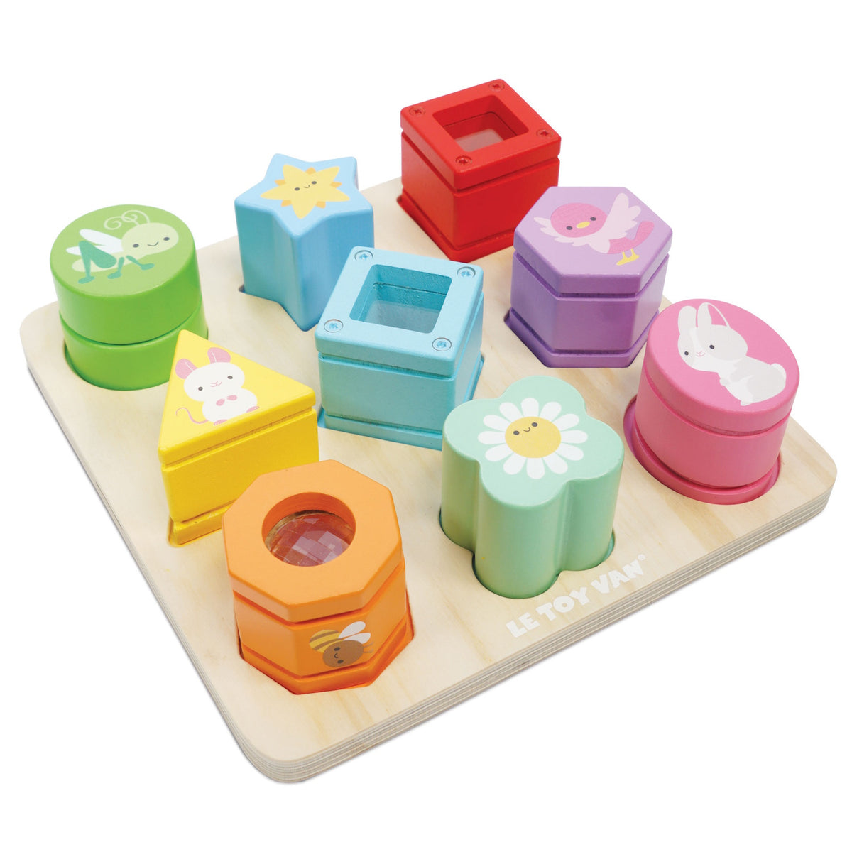Wooden rainbow sensory shape sorter tray featuring colorful blocks with animals and patterns.