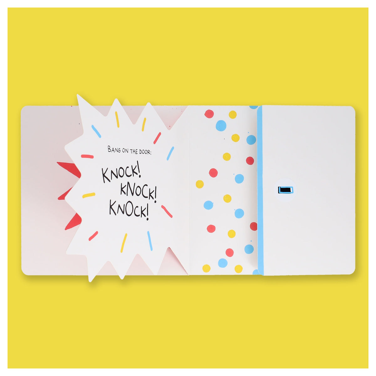 Children's book page featuring a pop-up starburst with the words "BANG ON THE DOOR: KNOCK! KNOCK! KNOCK!"