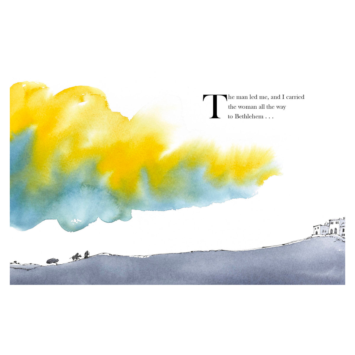 Watercolor illustration of a donkey carrying a woman to Bethlehem under a yellow and blue sky, from the book Refuge.
