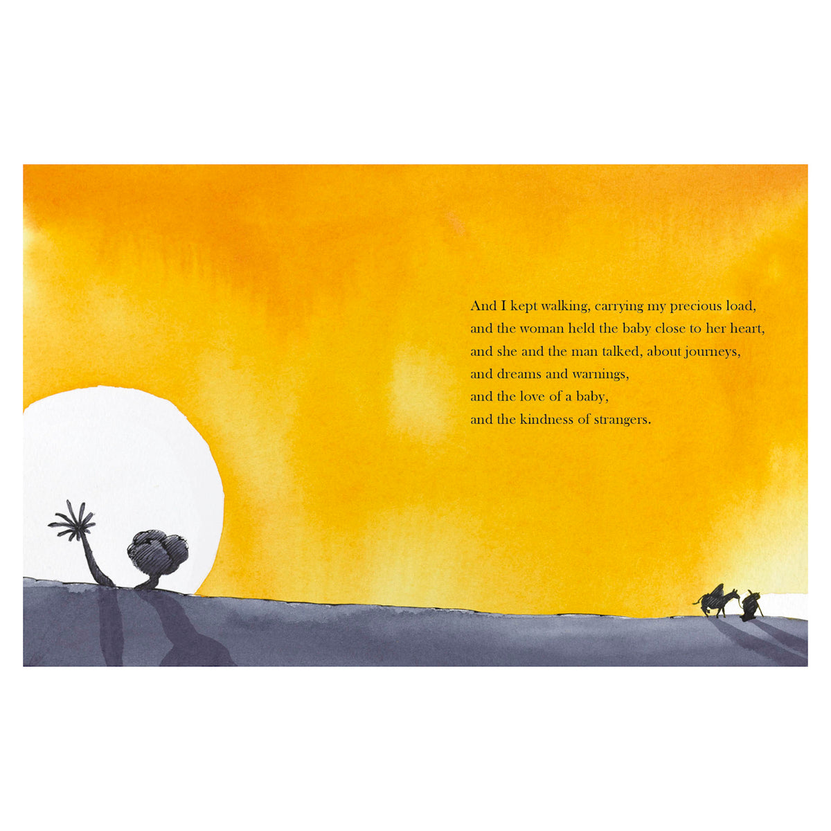 Watercolor illustration of a yellow sunset over a dark hill, featuring silhouettes of a family on a journey.