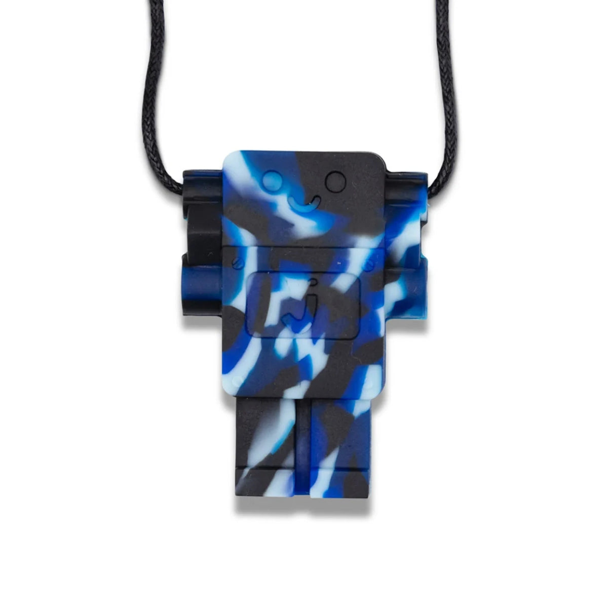 Jellystone Designs blue and black camo robot chew pendant with a black cord.