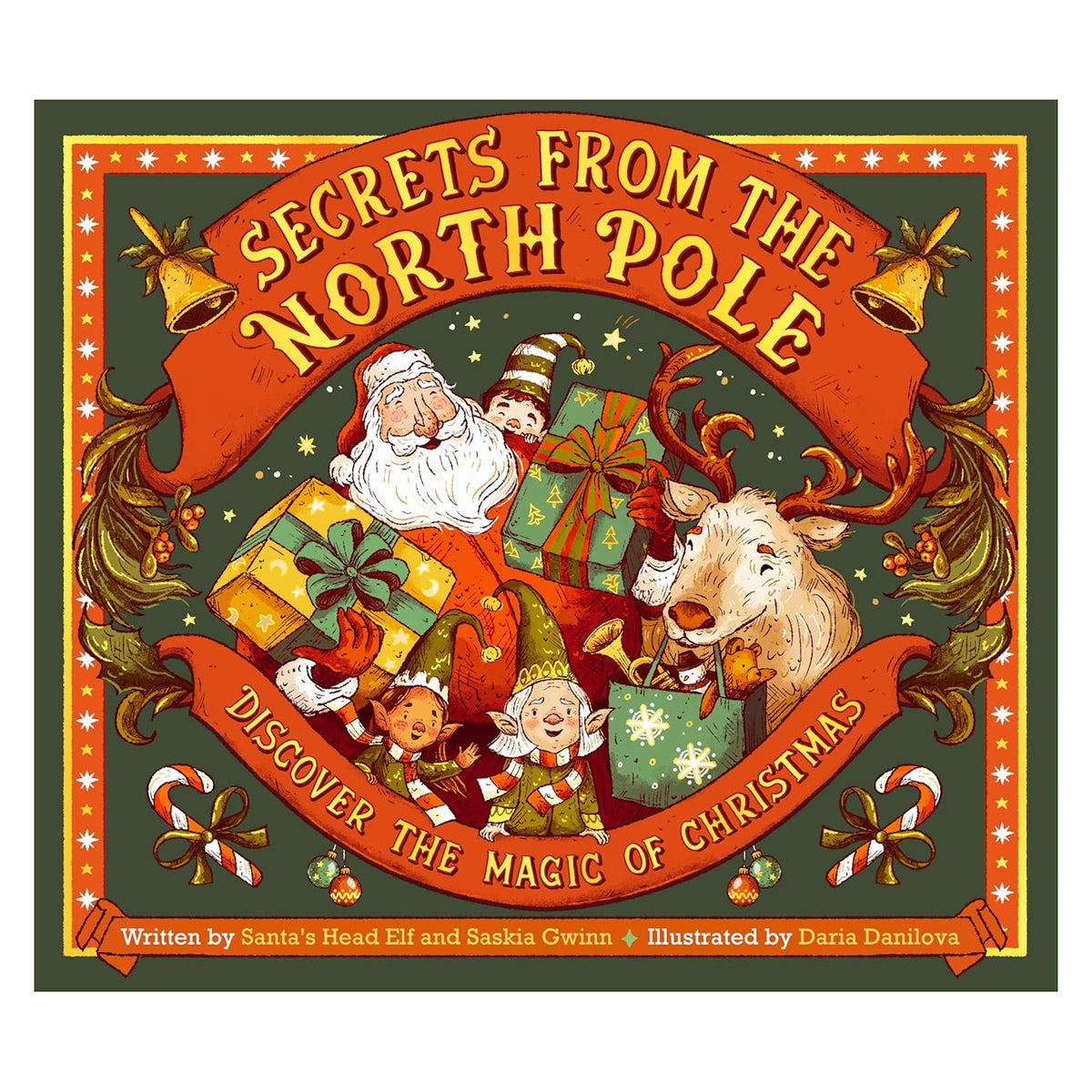 Illustrated book cover with Santa, a reindeer, and elves joyfully holding gifts. Festive text reads "Secrets from the North Pole" and "Discover the Magic of Christmas."
