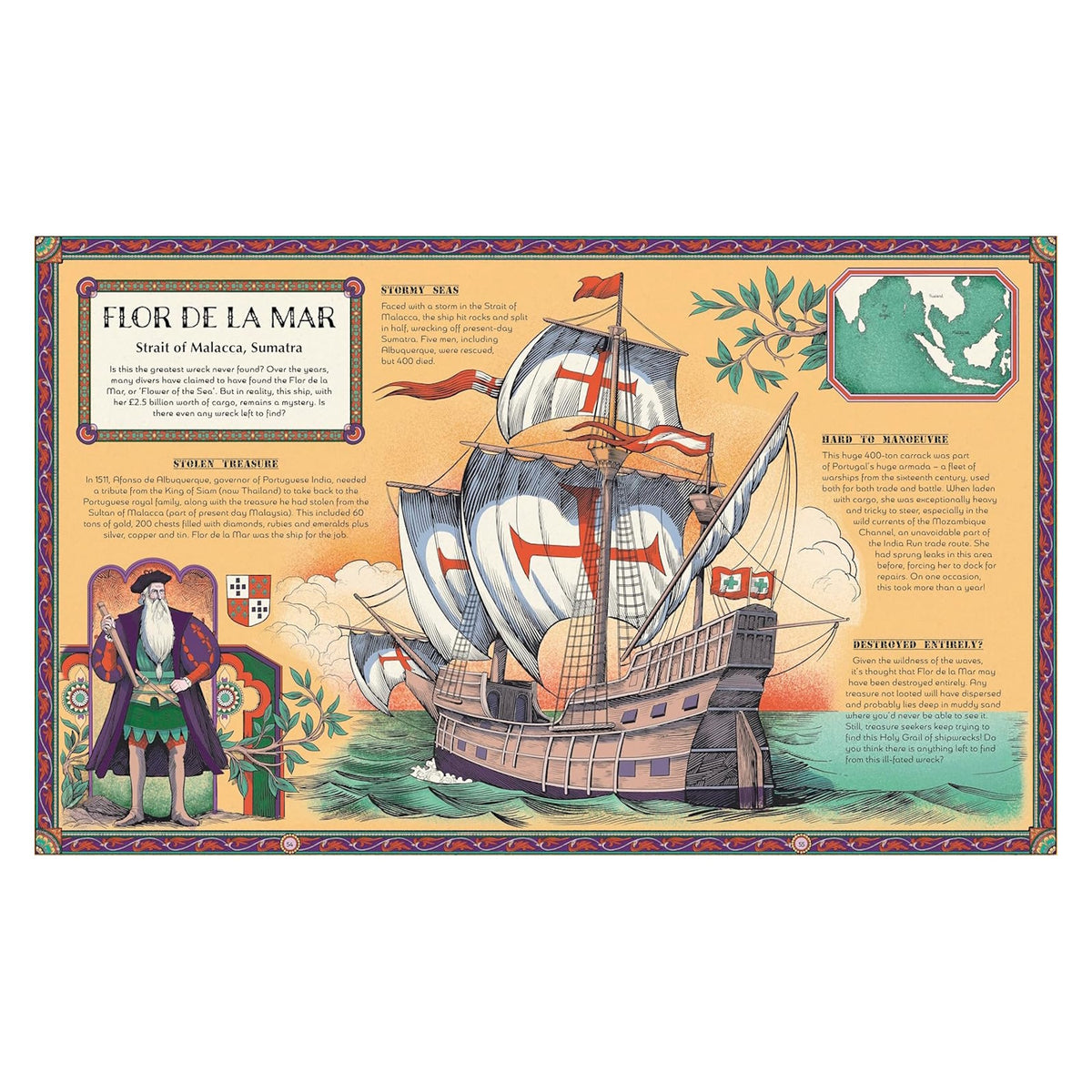 Illustrated book spread about the Flor de la Mar, depicting a Portuguese ship and Afonso de Albuquerque.