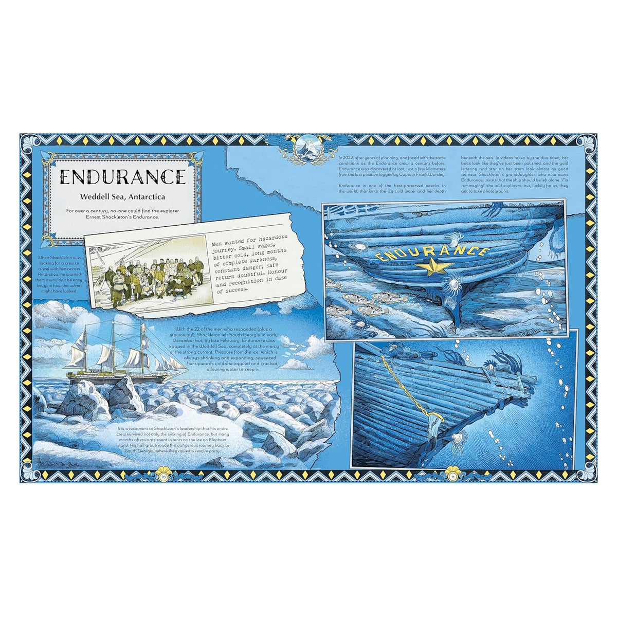 Illustrated book spread about the ship Endurance, showing it trapped in Antarctic ice and underwater.