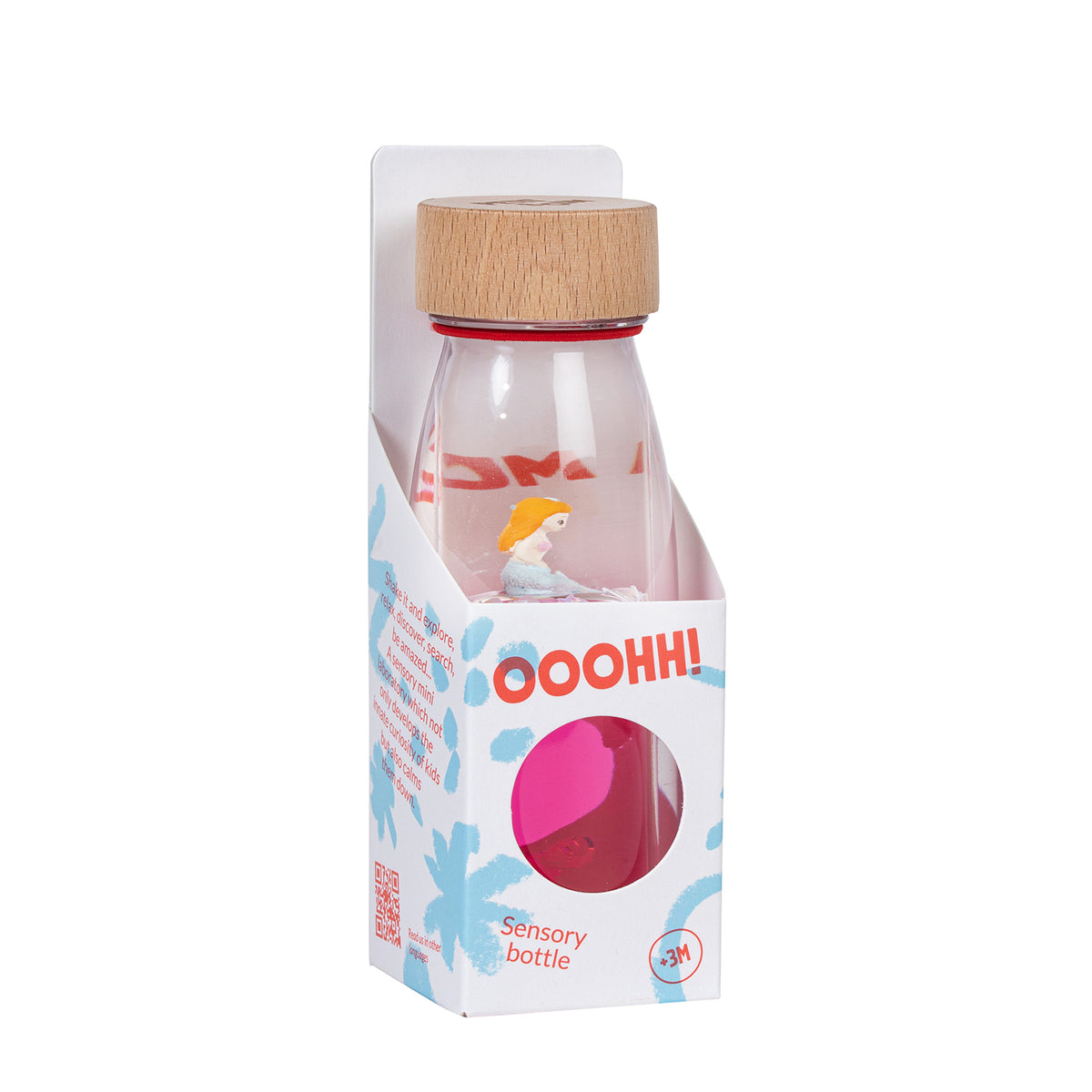 A sensory bottle with a floating mermaid figure inside, encased in packaging labeled "Ooohh! Sensory Bottle."