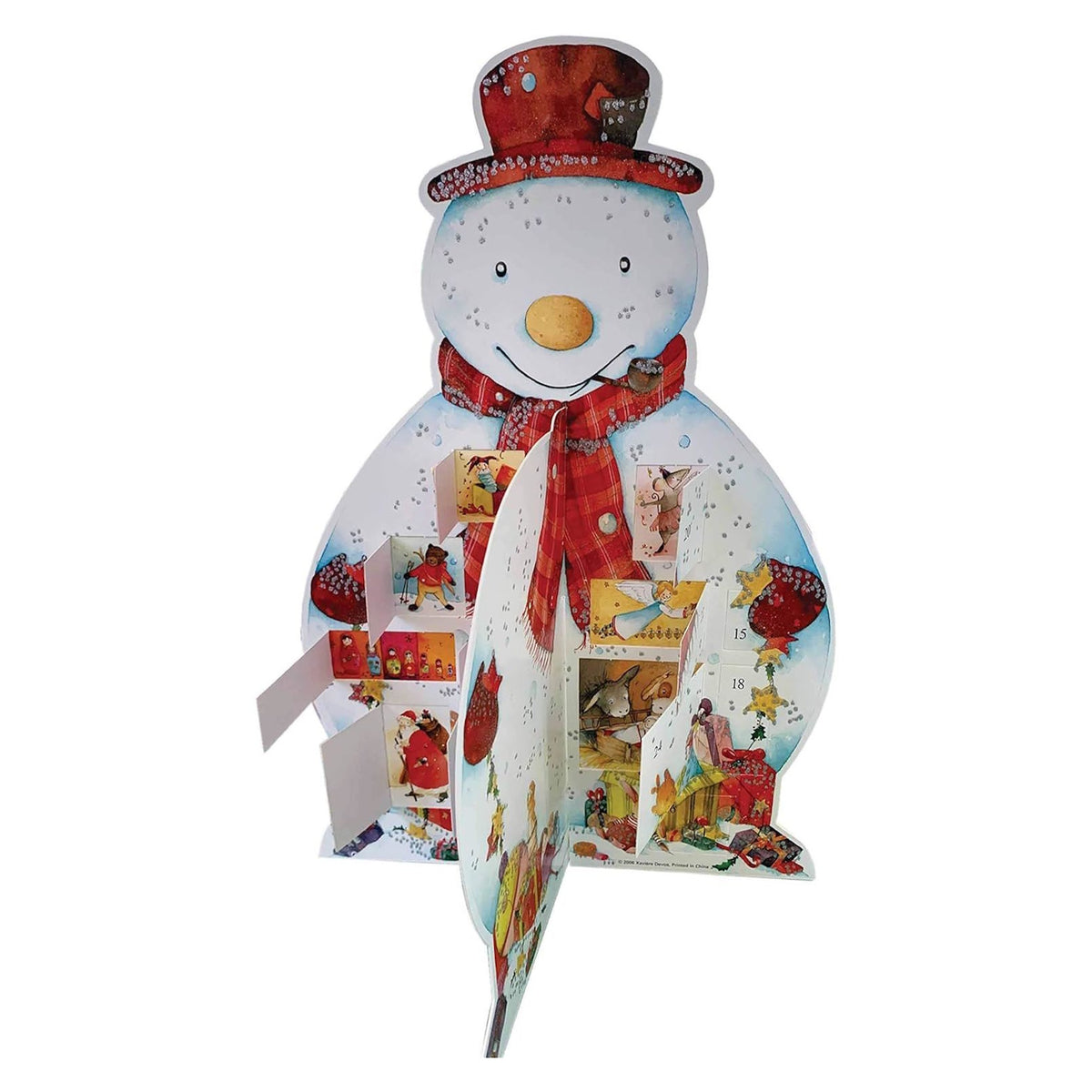 Front view of a 3D cardboard Snowman Advent Calendar with open doors displaying festive illustrations.