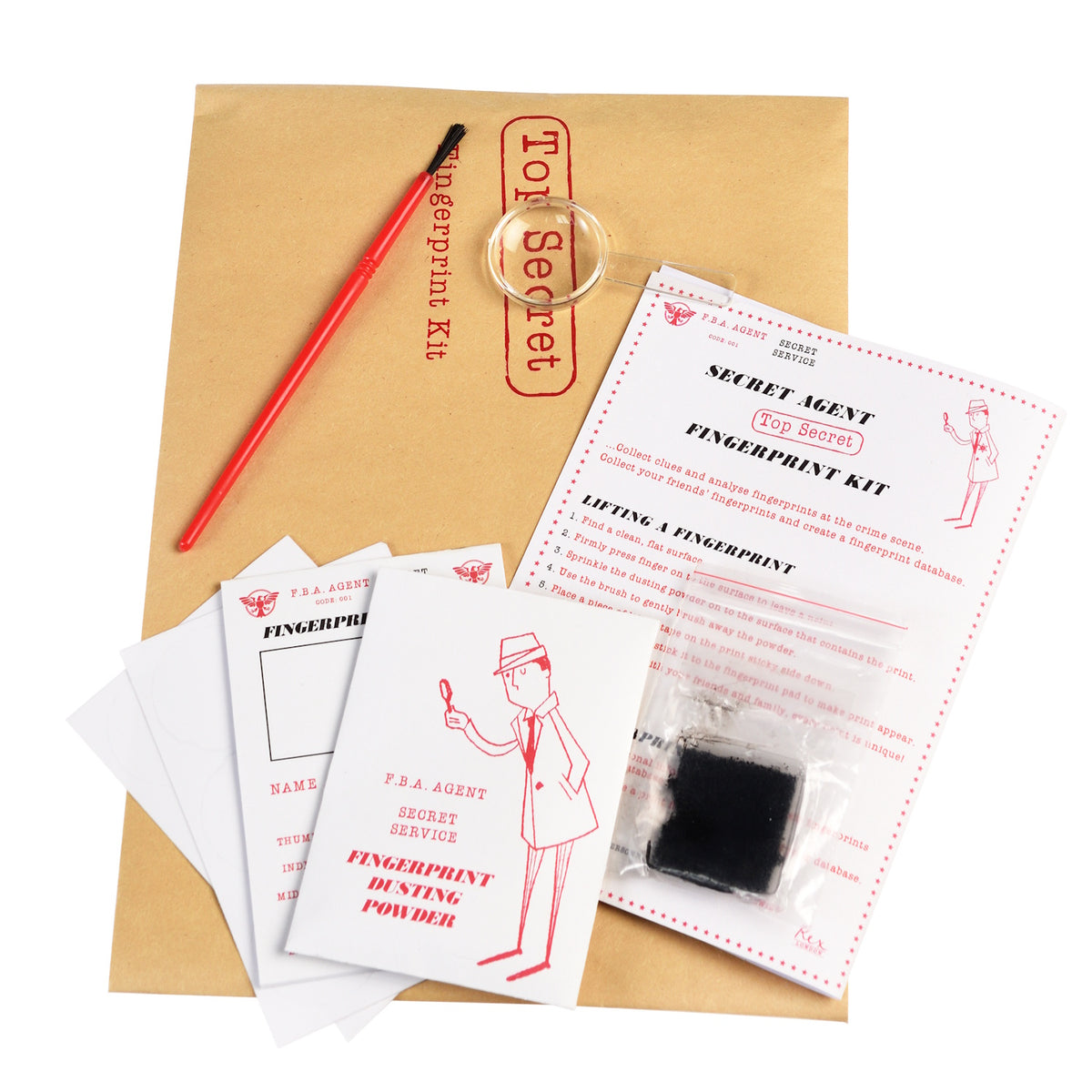 A special agent kit with sunglasses, magnifying glass, secret messages, and various investigation tools, all in a decorative case.