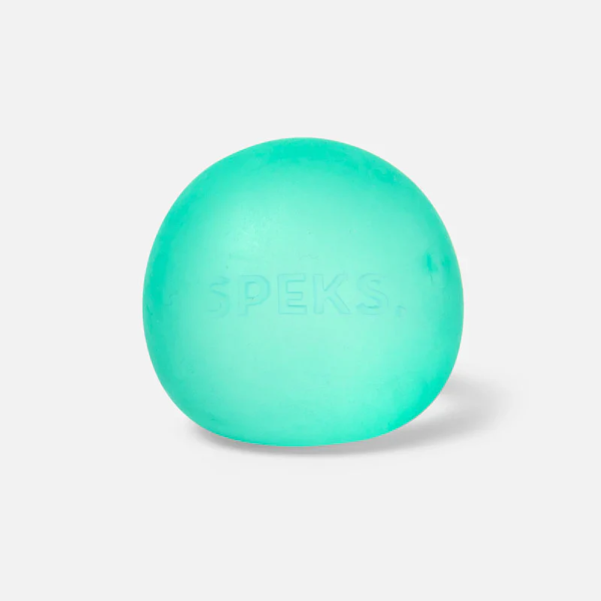 A smooth, turquoise stress ball with the word "SPEKS" subtly embossed on its surface, set against a plain white background. The tone is calming and minimalistic.
