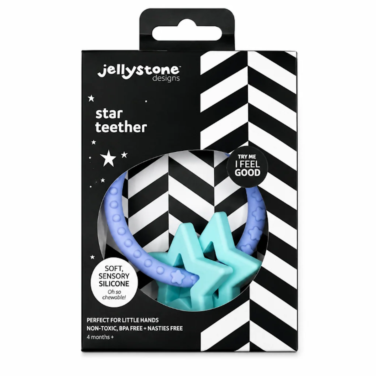 Front view of a Jellystone Designs silicone star teether in blue and turquoise inside packaging.