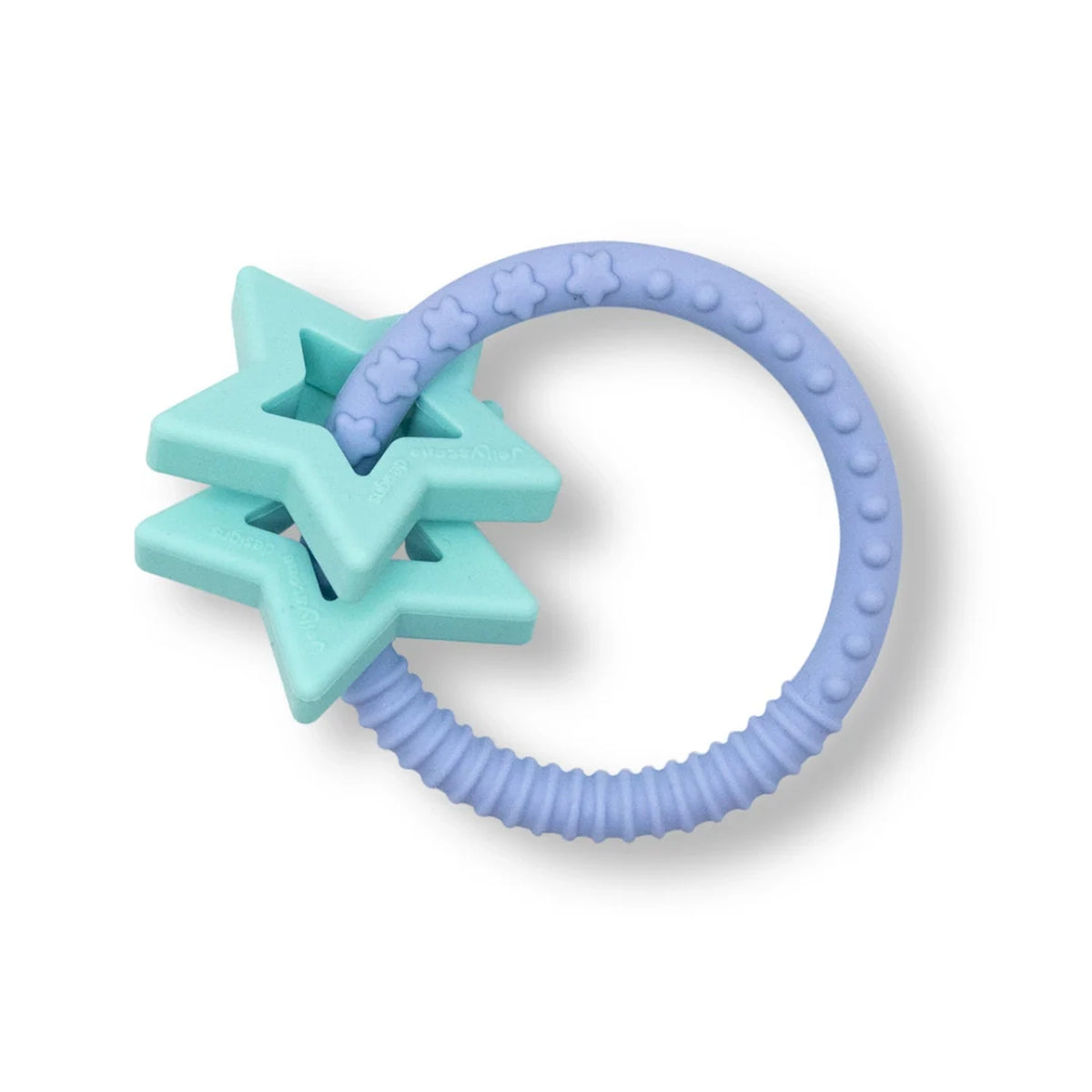 Side view of a blue and turquoise silicone star teether toy with textured rings.