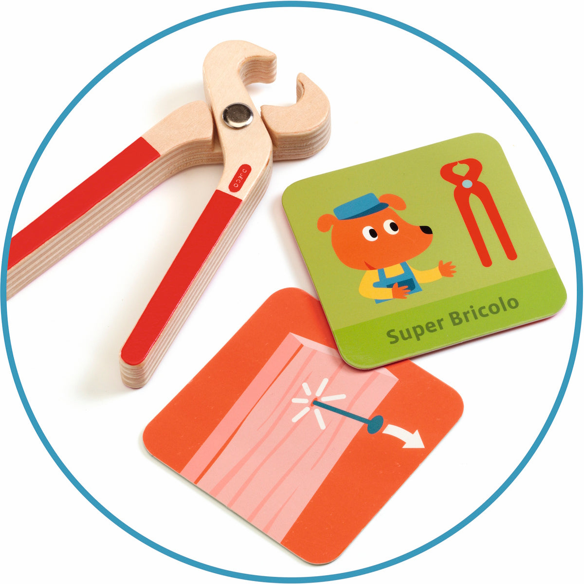 Djeco wooden toy pliers for kids with Super Bricolo challenge cards for fine motor skill development.