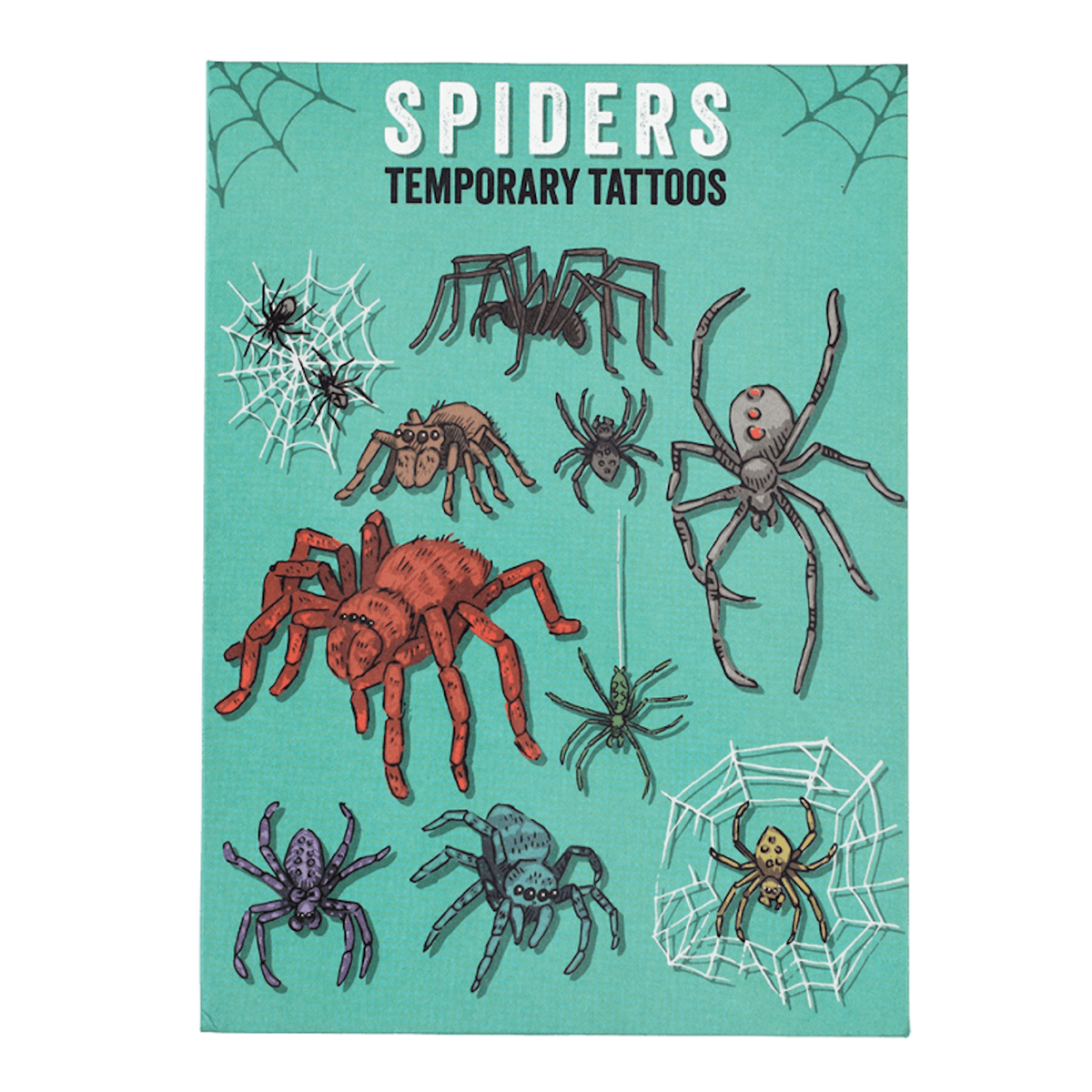 Front cover of a teal packaging card for spider temporary tattoos showcasing various detailed spider designs and cobwebs.