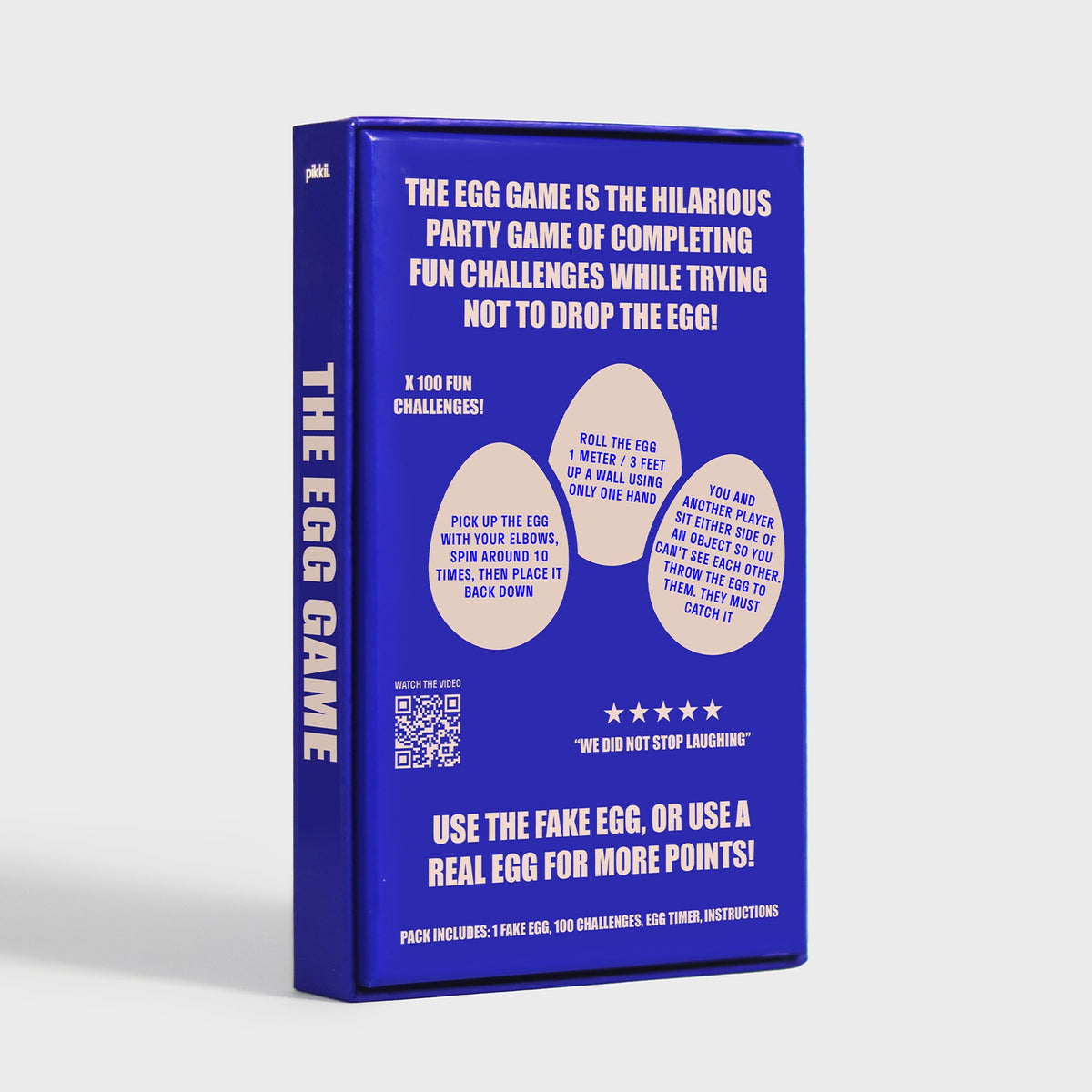 Back of "The Egg Game" blue box showcasing game rules and sample egg-shaped challenge cards.
