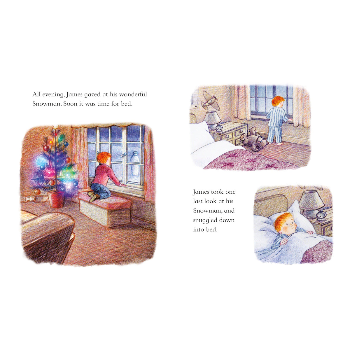 A child sits by a window, gazing at a Snowman outside under a glowing Christmas tree. Later, in pajamas, the child looks out the window before snuggling into bed, conveying a warm, cozy atmosphere.