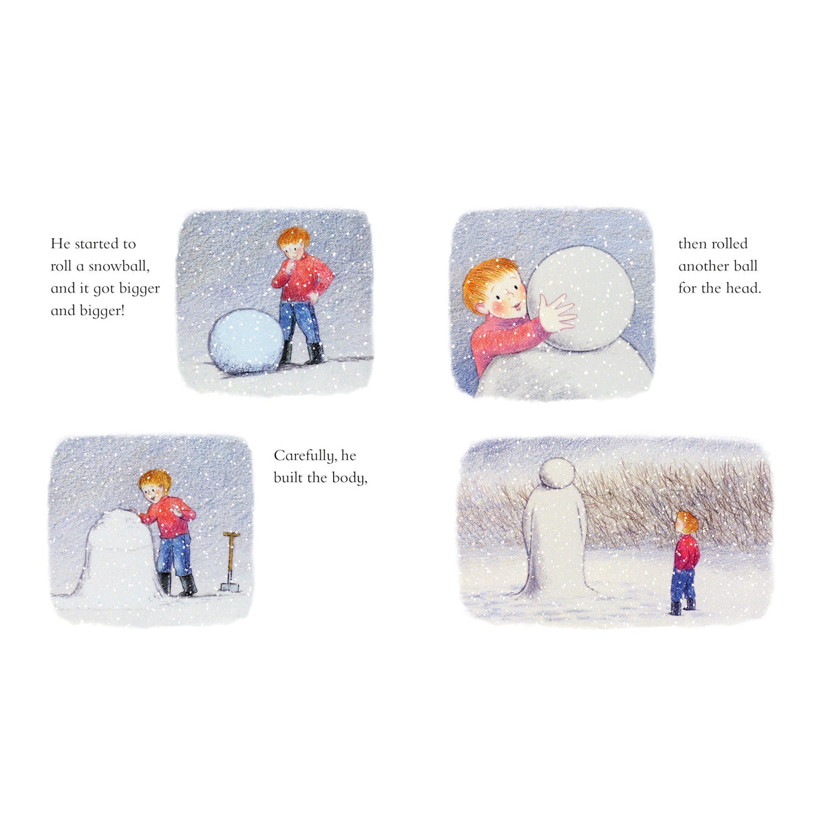 A child in a red coat builds a snowman in four snowy scenes. He rolls large snowballs and stacks them, creating a joyful, winter atmosphere.