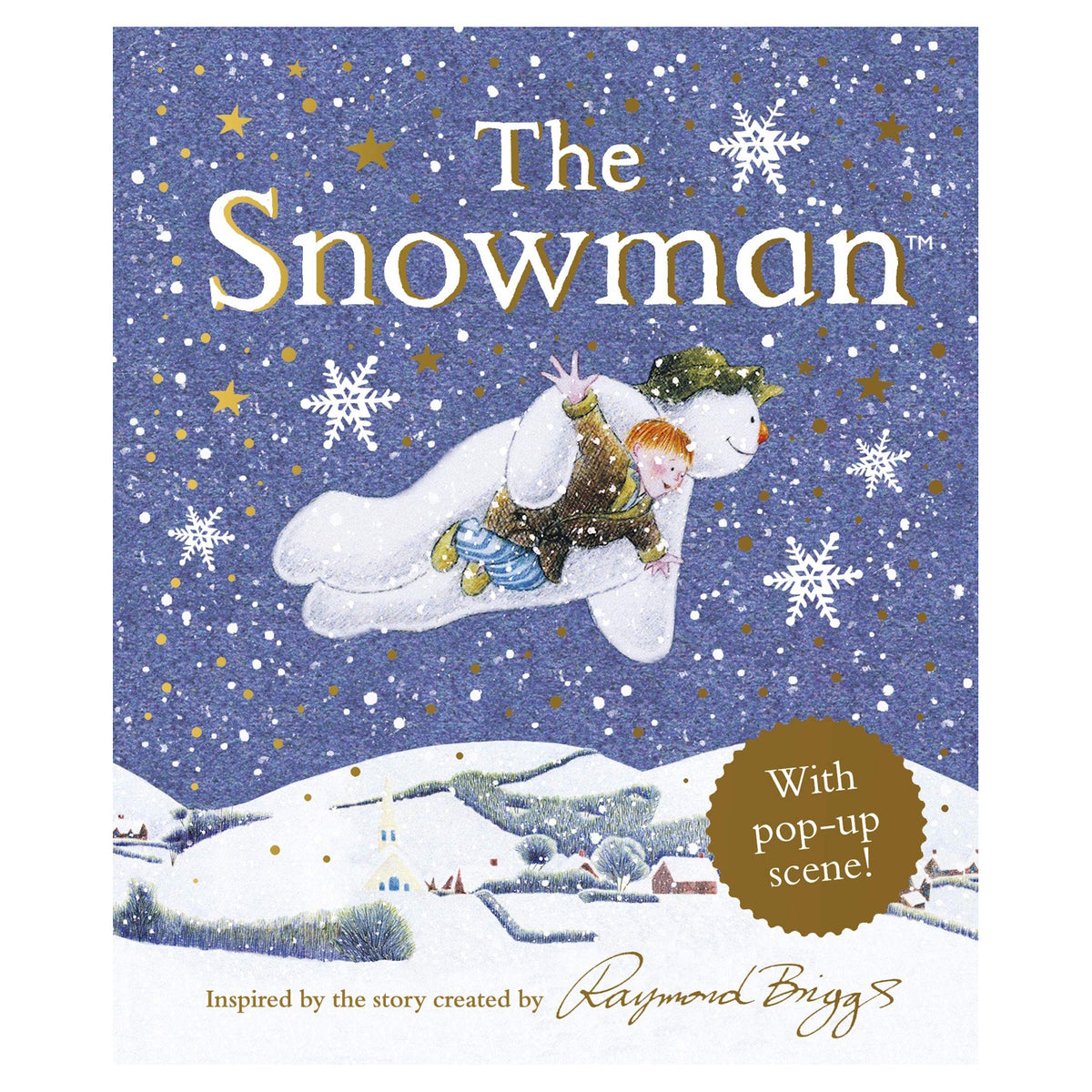 Illustrated book cover for "The Snowman," showing a smiling snowman and a boy flying through a snowy night sky. Snowflakes and stars surround them. A winter landscape is below.