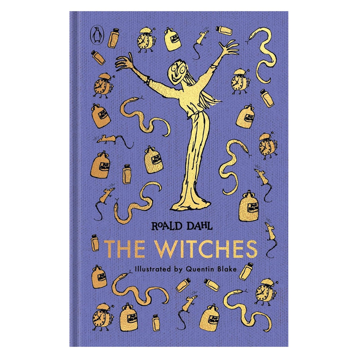 Purple book cover for The Witches by Roald Dahl with gold illustrations of a witch, mice, and snakes.