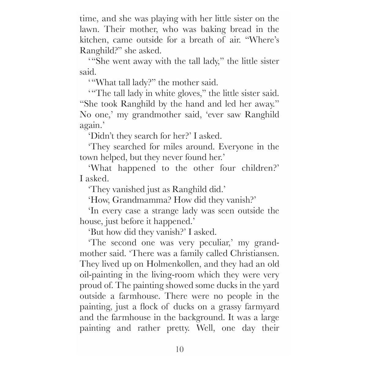 Printed book page describing a grandmother telling stories about missing children taken by a tall lady.
