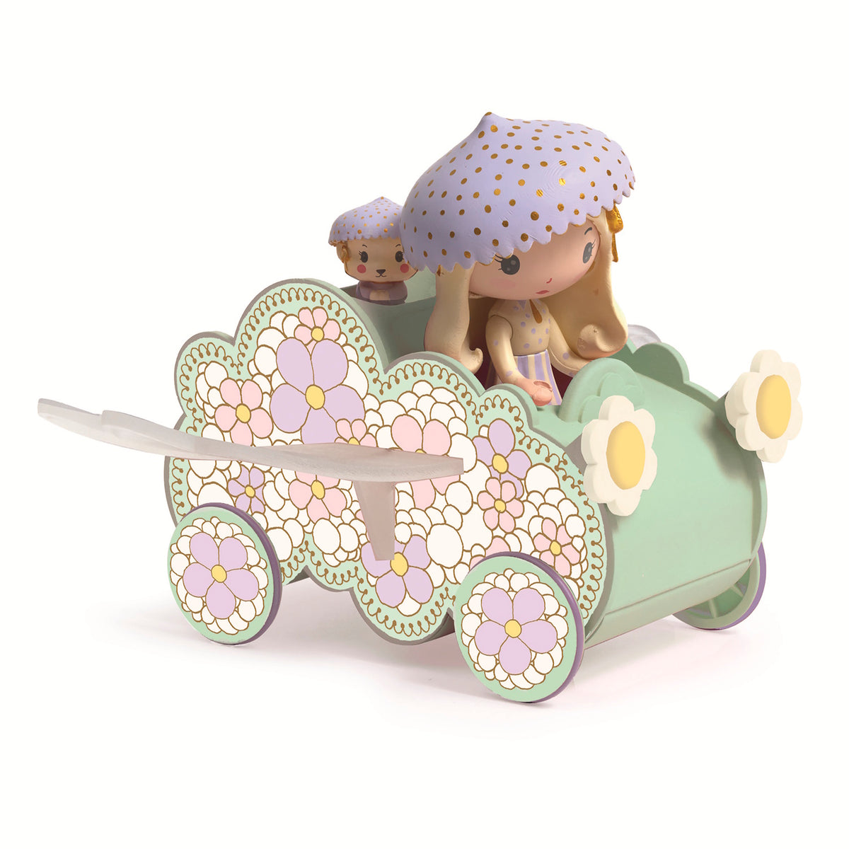 A whimsical green toy car adorned with pastel flowers, featuring two dolls, one wearing a polka-dot hat and the other a matching one.
