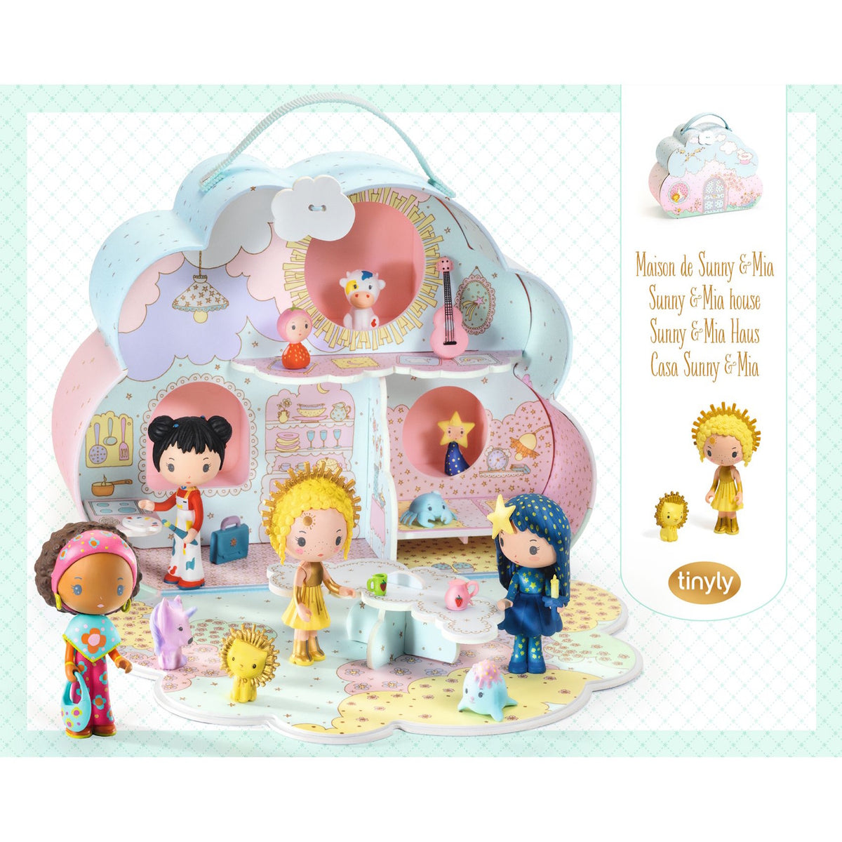 Colorful playset of Sunny & Mia's house with whimsical characters, animals, and various rooms, showcasing a playful, imaginative scene.