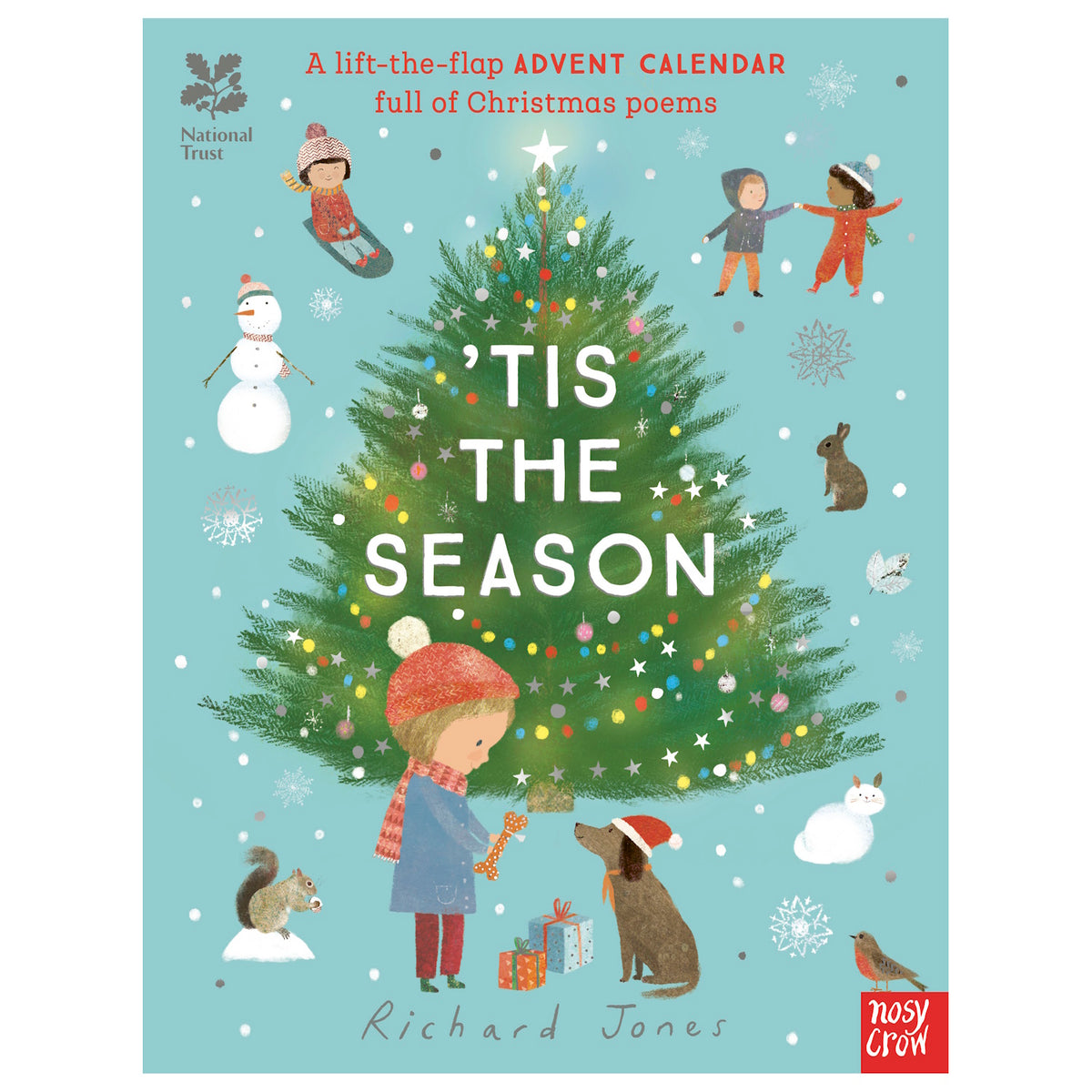 Front view of the teal paper 'Tis the Season lift-the-flap Advent calendar book cover featuring a large Christmas tree.