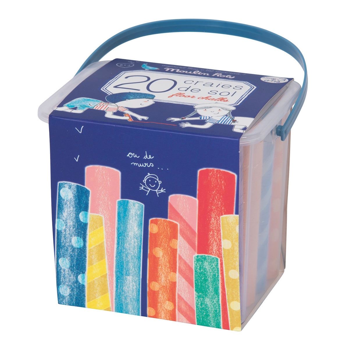 A colorful box of 20 sidewalk chalks with a blue handle. The design features playful illustrations of children and vivid chalk drawings on a deep blue background, conveying a fun and creative tone.